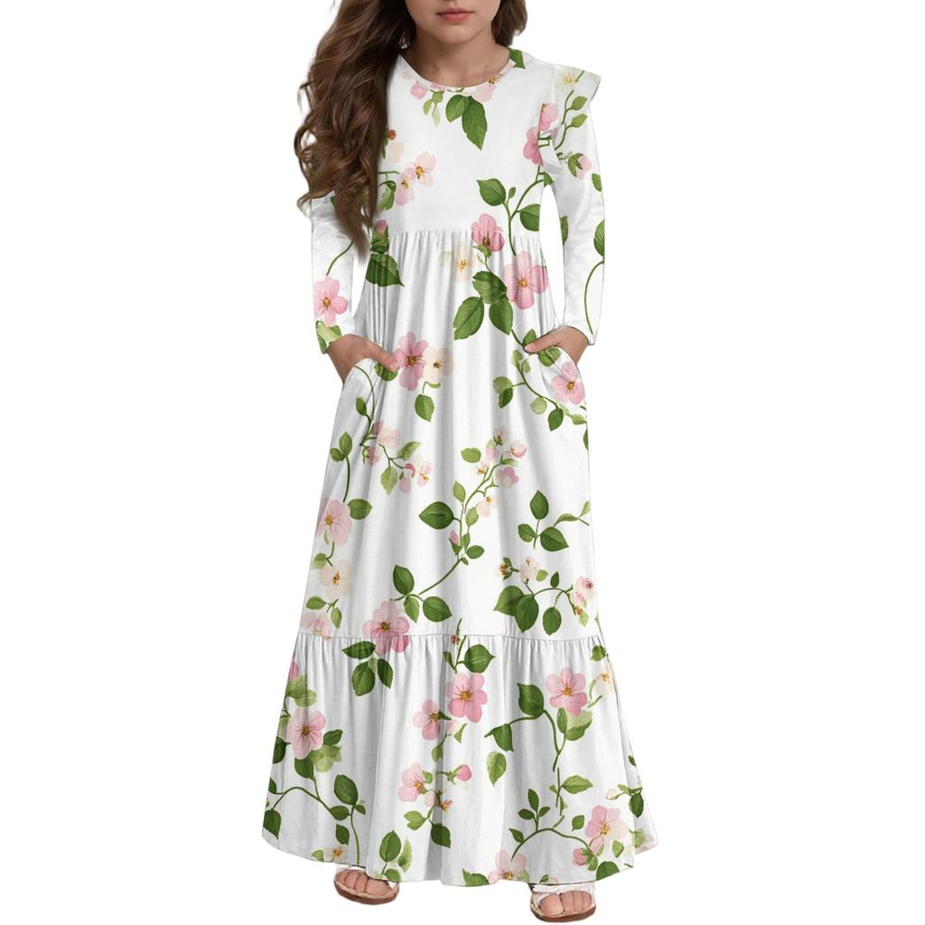 Girls' Tiered Ruffle Dress - Long Sleeve Printed Maxi With Pockets