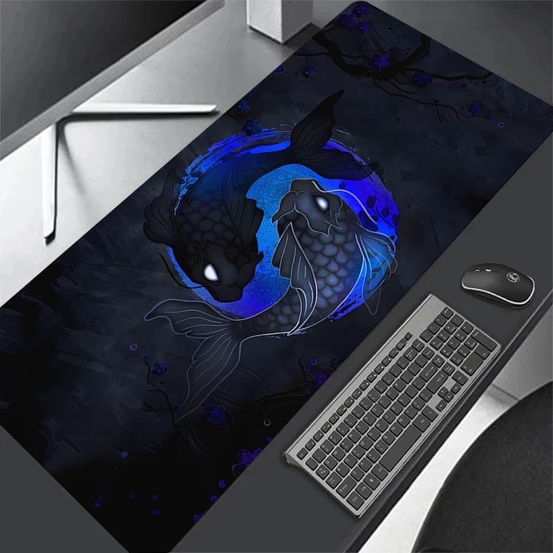 Japanese Desk Mat Black & White Mouse Pad Koi Fish Japan Art Seal Yin-yang Fish Large XXL Gaming Deskmat Rubber Mousepad 80x30