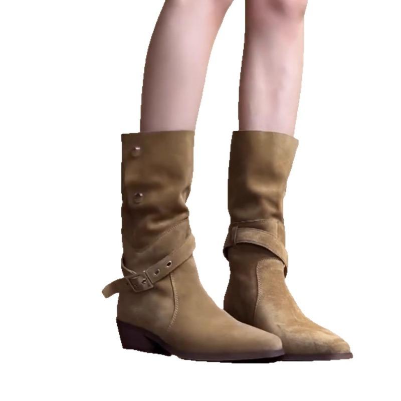 Retro suede pointed belt buckle knight boots women increase height and thin two wear western cowboy boots