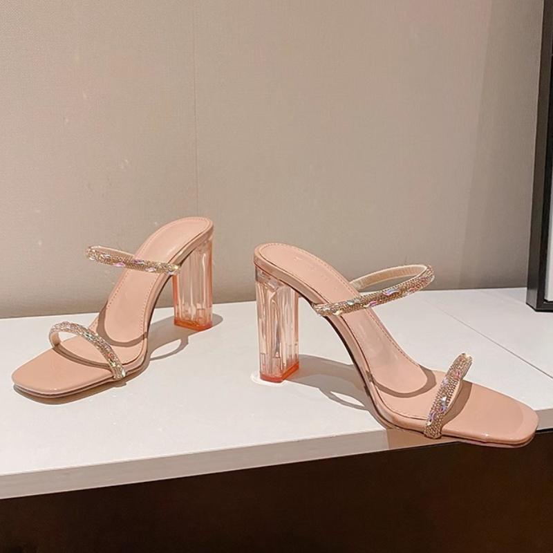 Fashion Women's Slippers 2025 Summer New Fashion Open Toed Rhinestone High Heel Slippers Female Transparent Heel Shoes for Women Zapatos