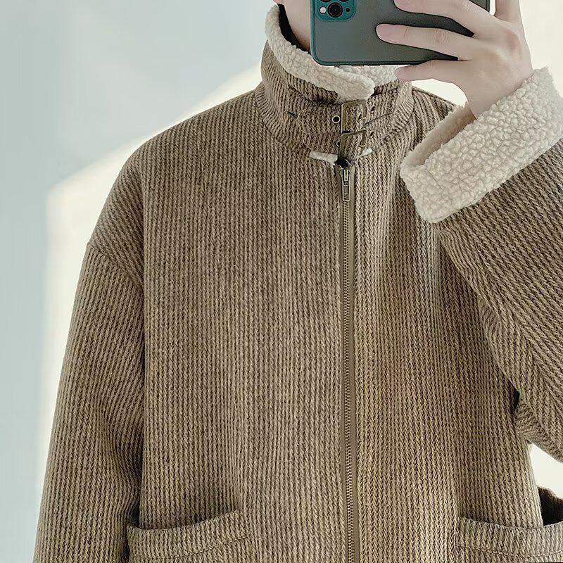 Men's Velvet-Lined Cotton Jacket - Korean Style, Lapel Design, Thick & Warm for Autumn/Winter.