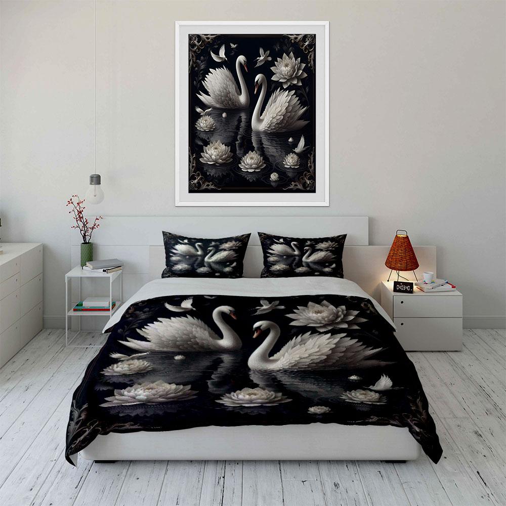 Elegant Swans With Lotus Flowers Printed Duvet Cover Set1 Duvet Cover+2 Pillowcasemulti Size Bedroom Bedding Decor Luxury Gift