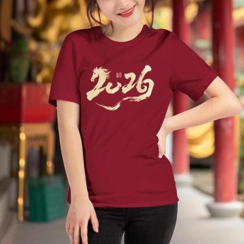 

Year of The Hello 2026 Brushstroke Art Happy Chinese New Year Horse Graphic Unisex Crewneck Allmatch Casual Tee Streetwear S