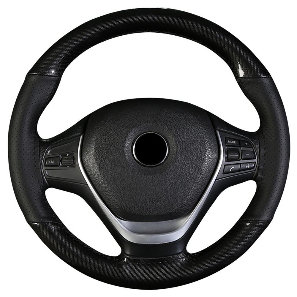 38cm Car Steering Wheel Cover Hand Sewing DIY Black PU Leather+Carbon Fiber Look