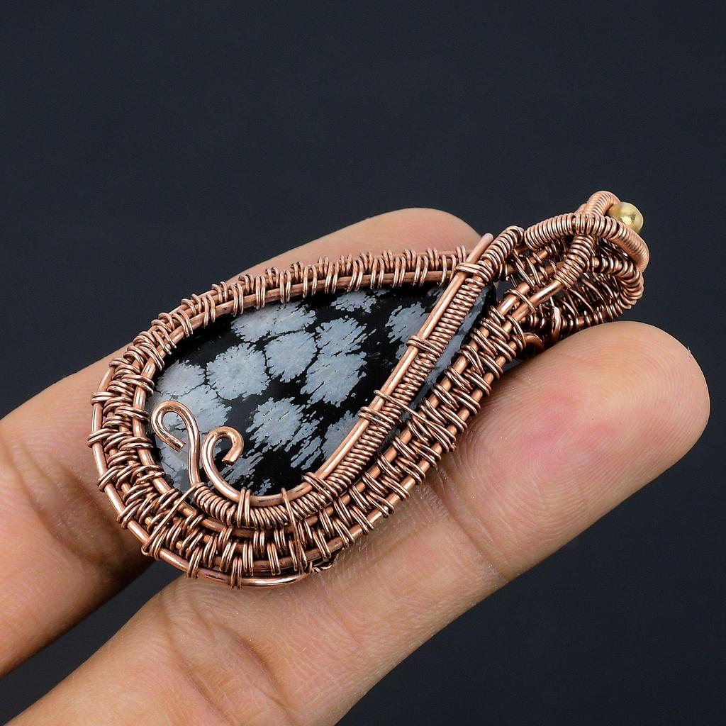 Snowflake Obsidian Pendant, 999 Copper Wire Wrapped Gemstone Handmade Dainty Jewelry Pendant, For Her
