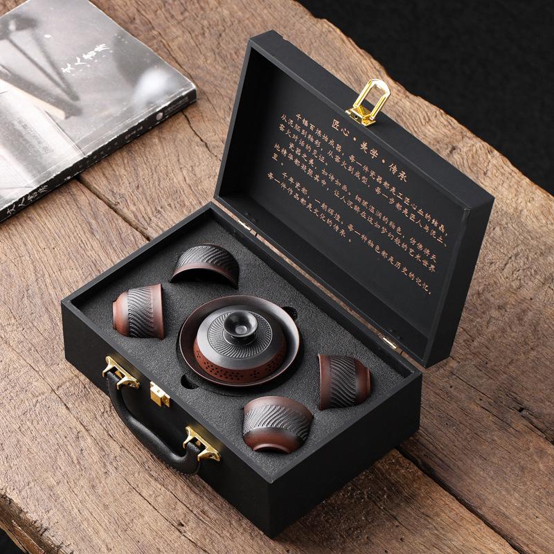 High-grade purple pottery covered bowl tea set, light luxury retro ceramic Kung Fu tea set, anti-scalding tea set, gift box and gift.