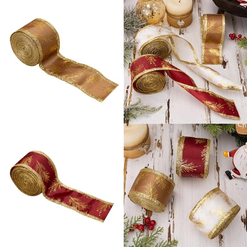 5Meters Glittering Powder Leaf Christmas Ribbon Festival Gifts Wrapping for Holiday Gifts and Christmas Tree Decoration
