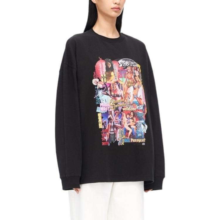We11done FW22 Cartoon Character Print Streetwear Round Neck Long Sleeve T-Shirt Unisex Tops Black WD-TT3-22-862-U-BK