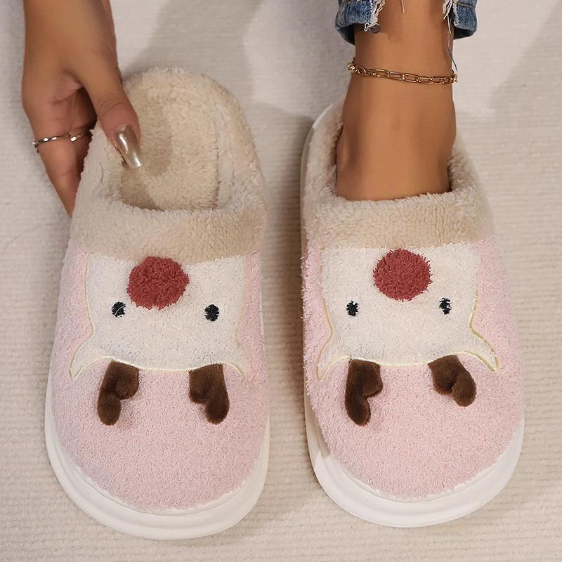 Fashion Winter Warm Cartoon Elk Fluffy Slippers Women Platform Non Slip Home Cotton Shoes Woman Thick Sole Cute Plush House Slippers