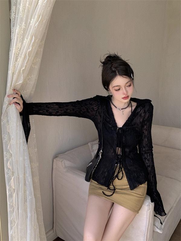 Women's Black Sheer Chiffon Sun Protection Shirt, Lace-Up Waist, Slimming Fit - Autumn 2026
