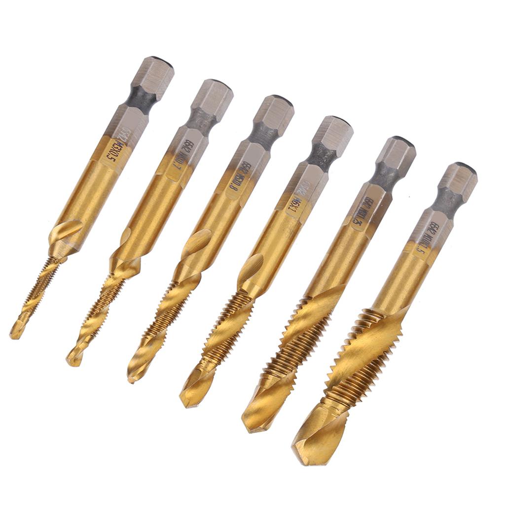 6Pcs HSS Tap Drill Bits Set High Speed Steel Titanium Coated Hex Shank Thread Hand Tool M3‑M10