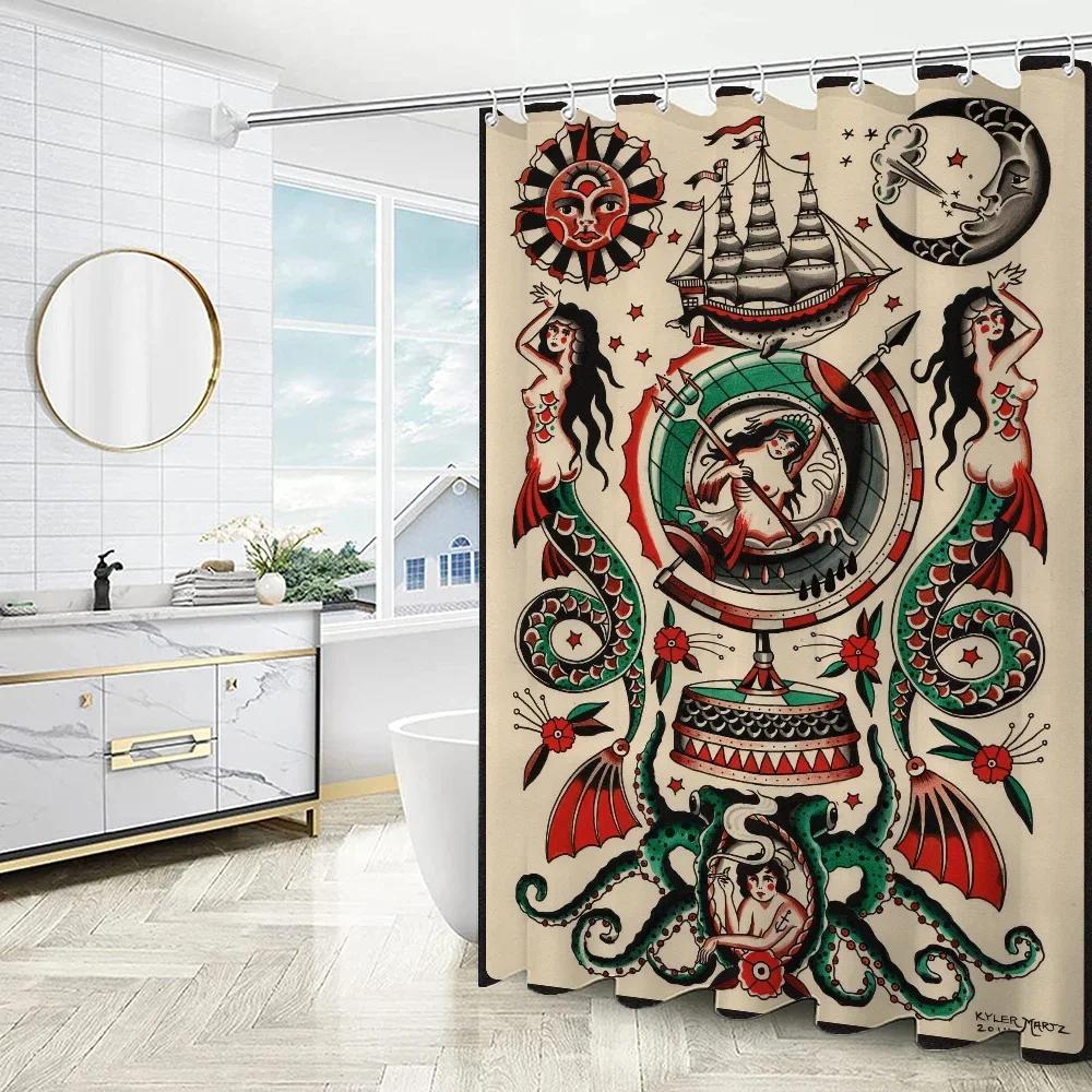 New School Tattoo Shower Curtain For Bathroom Sets Full Set Folding Partition Curtains Accessories Bath Bedrooms Houses Rooms