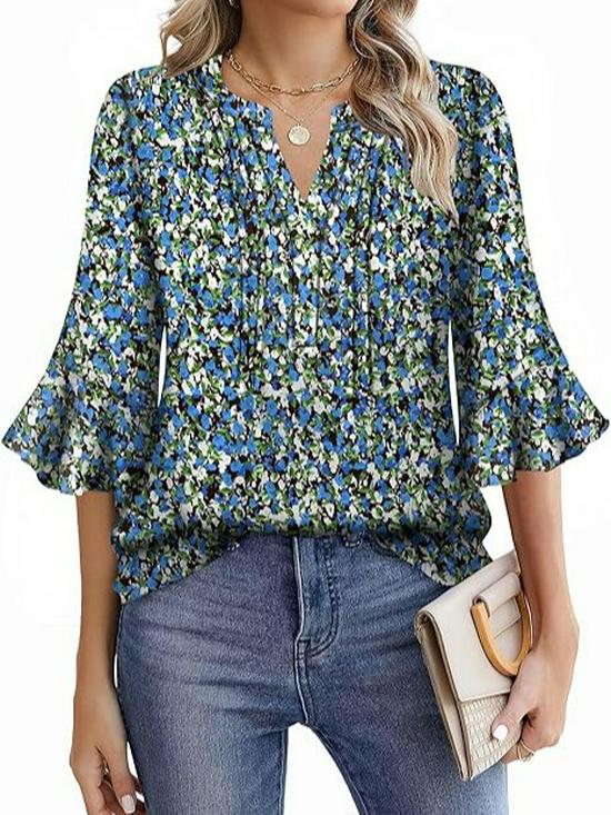 2025 Bluzka Szyfonowa z Dekoltem V w Kształcie Liścia Lotosu - Jednolity Kolor, Rękaw Siedmiopunktowy, Swobodny Luźny Krój