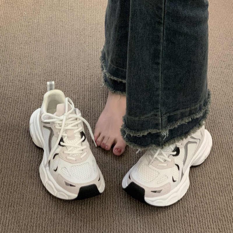 Women's White Chunky Platform Sneakers Lace-Up Breathable Retro Casual Shoes