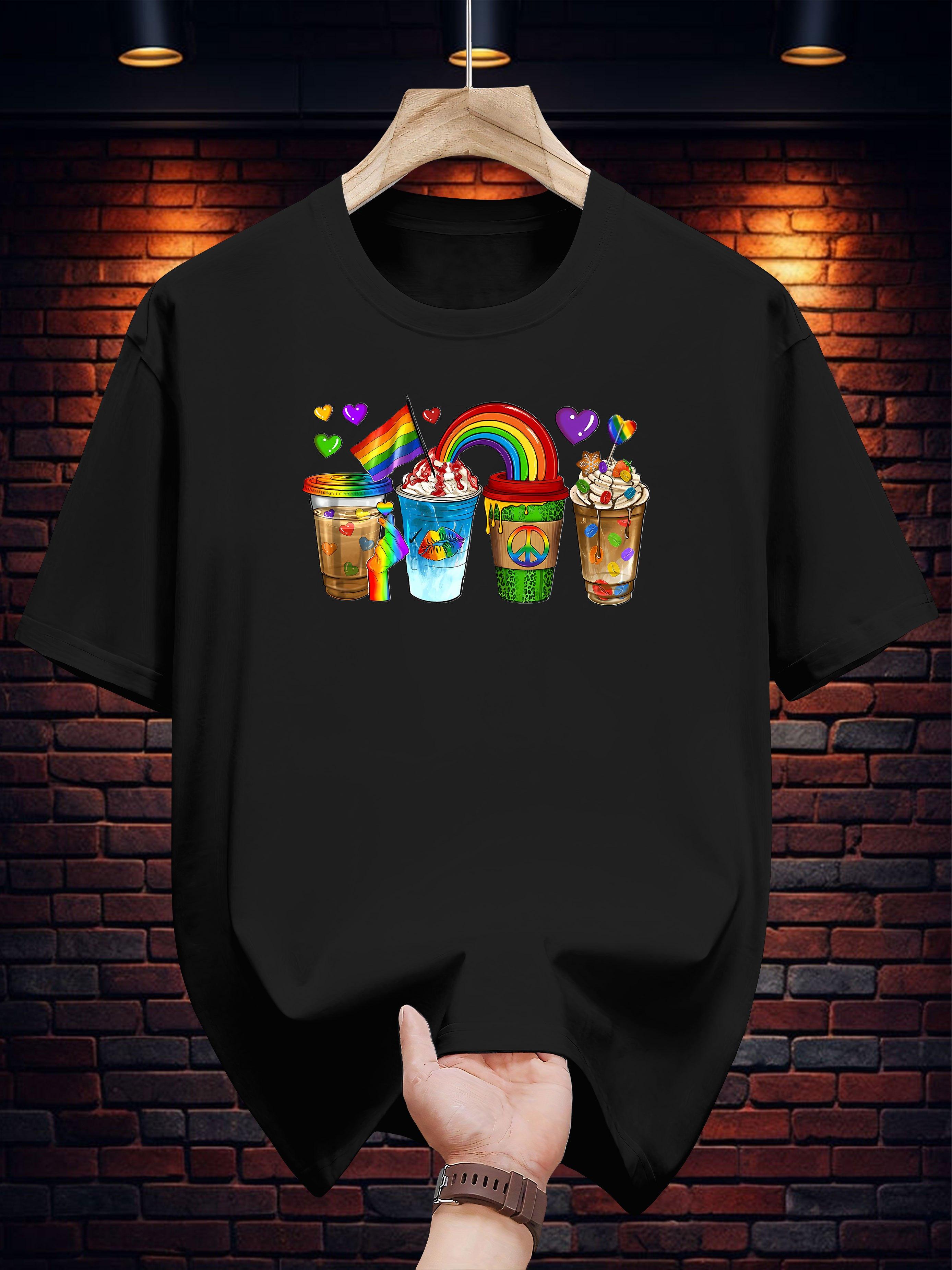 T-shirt - Black Casual Summer Graphic Tee with Vibrant Beverage & Rainbow Print XXL