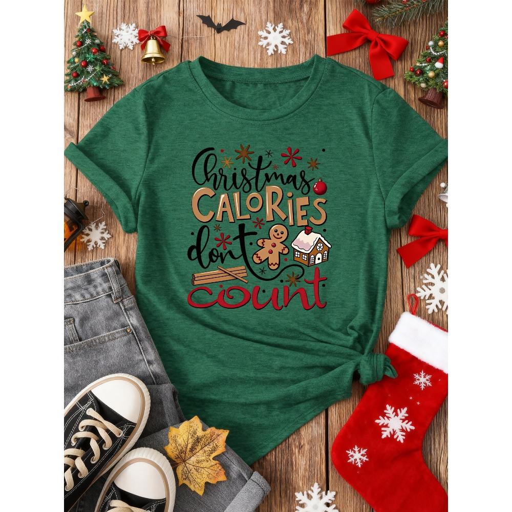 Christmas Fun Short Sleeves, Gingerbread Man Hut, Ins Style Cute Simple Large Size Slim Top