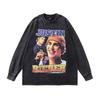 Trendy Brand Men'S T-Shirt American Hip Hop Vintage Retro Washed Pure Cotton Youth Loose Long-Sleeved T-Shirt Men