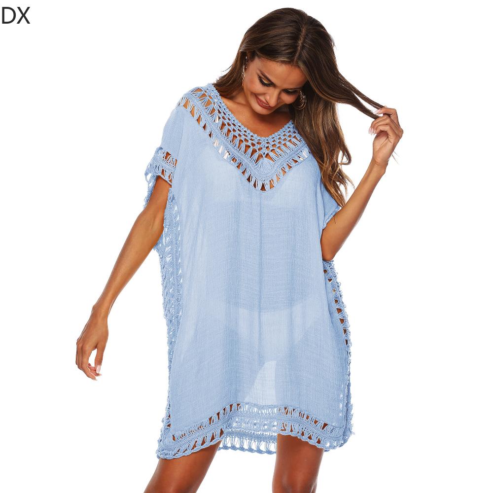 DX - Solid V-neck Hook Patchwork Smock Sexy Hollow Loose Beach Smock Short Skirt