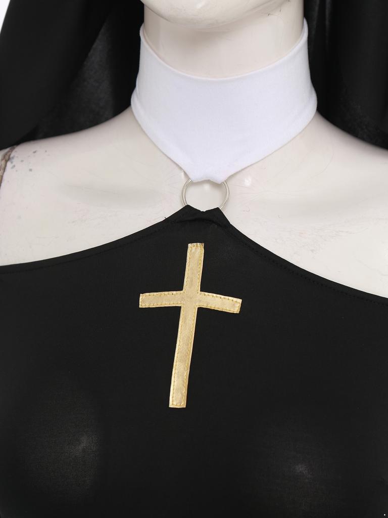 Damer Frekk Nonne Kostyme Halterneck Nettingermer Culotte-stil Kjole Hodeplagg Partykostyme