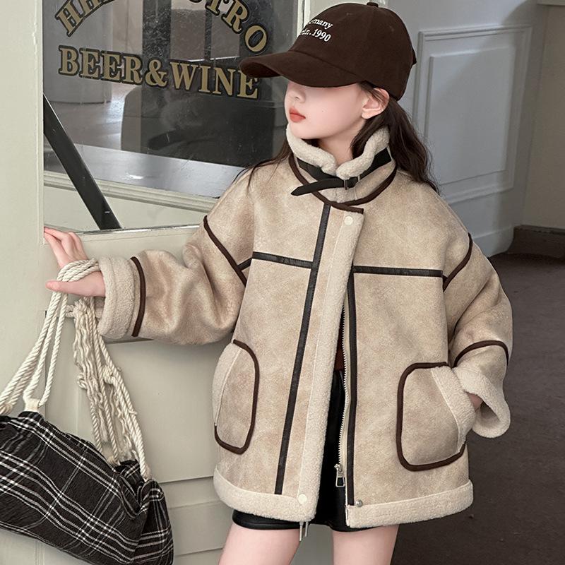 

Girls Fleece-Lined Faux Fur Winter Coat 2025: Warm, Fashionable Shearling Jacket for Big Kids 130 cm бежевый