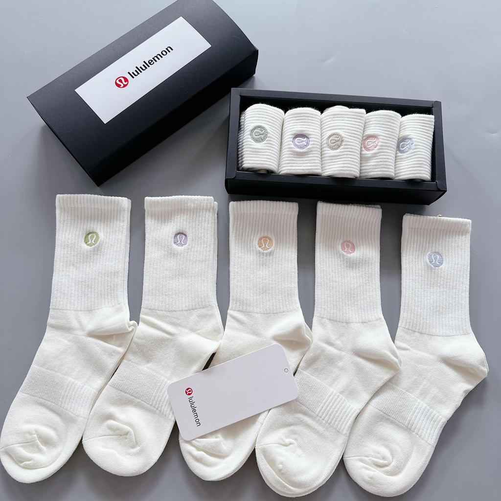 Lululemo Lemon High Socks: A Box of 5 Trendy Embroidered Sports Socks for Men and Women