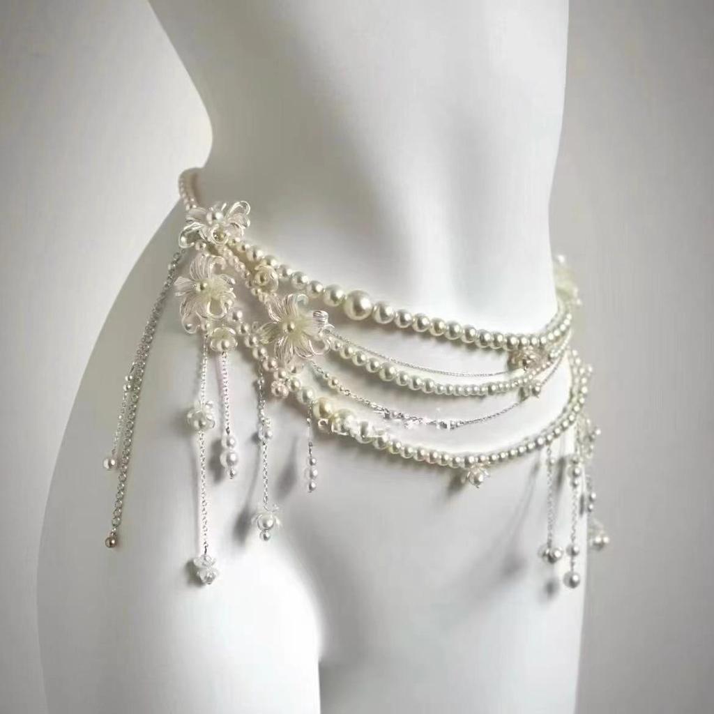 Elegant Multi-Layer Pearl & Tassel Waist Chain with Floral Accents for Women