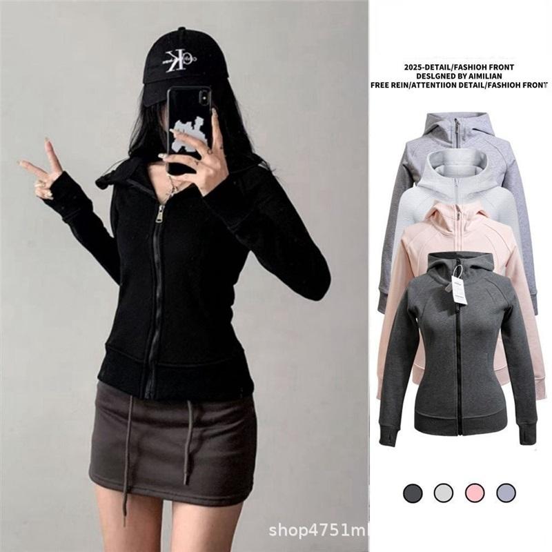 Women's Casual Zip-Up Hoodie Slim Fit Long Sleeve Solid Color Sweatshirt