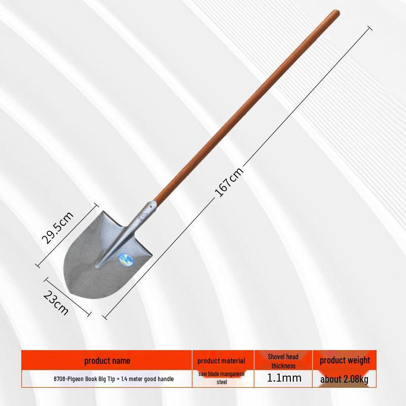 Iron Shovel with Manganese Steel Square Head & Wooden Handle, Natural Color, Large Size for Construction