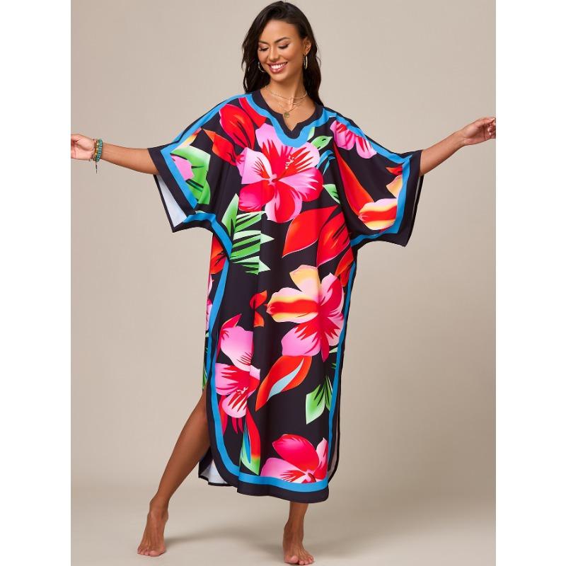 Strandbluse Bedruckt Ethnischer Stil Lange Robe Übergröße Lockeres Überwurfkleid