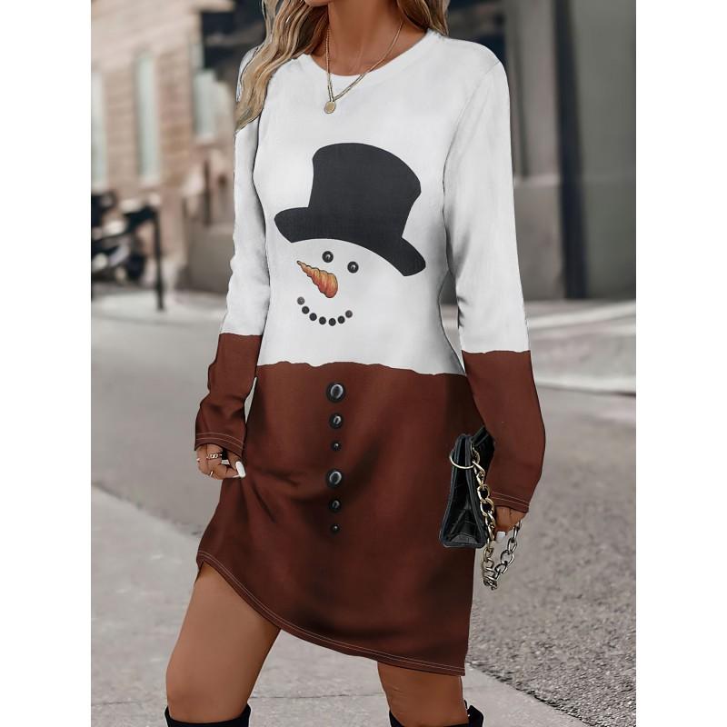 Womens Heart Print Round Neck Long Sleeve Plaid Patchwork Midi Dress Elegant Casual Office Wear