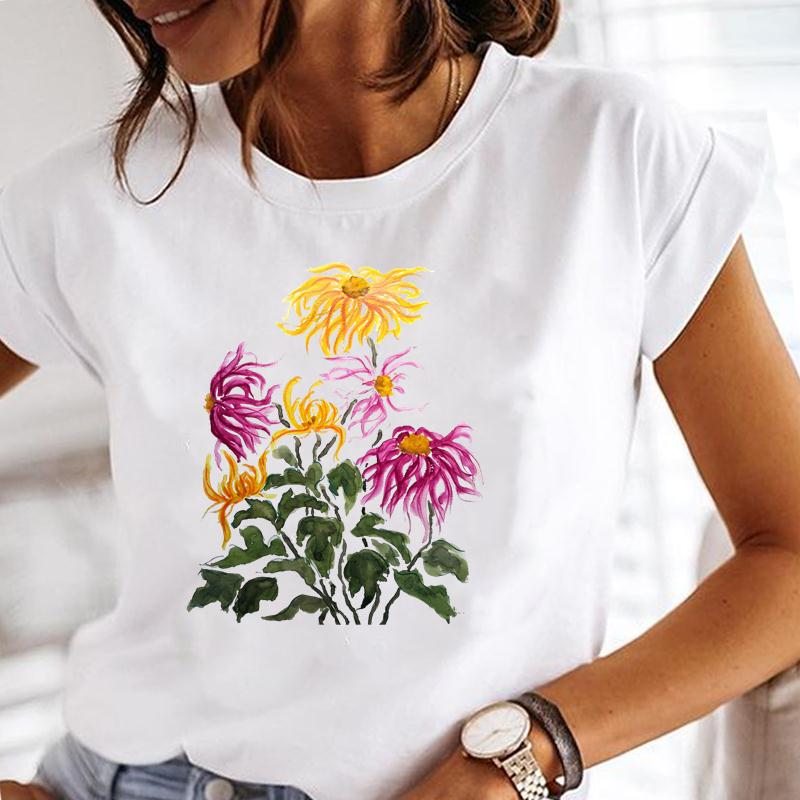 (European Size) Summer Fashion Women Plant Lovely Flower Trend Cute Short Sleeve Print Tee Top Tshirt  Lady Female Clothing  Casual Graphic T-shirt