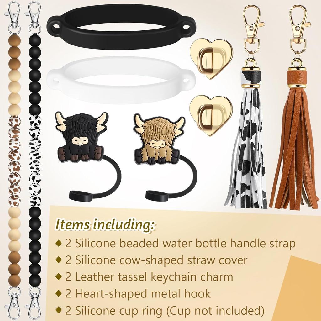 Tondiamo 2 Set Highland Cow Cup Accessories Set Compatible with Stanley Tumbler Include Silicone Beaded Bottle Strap Leather Tassel Charm Cow Rubber