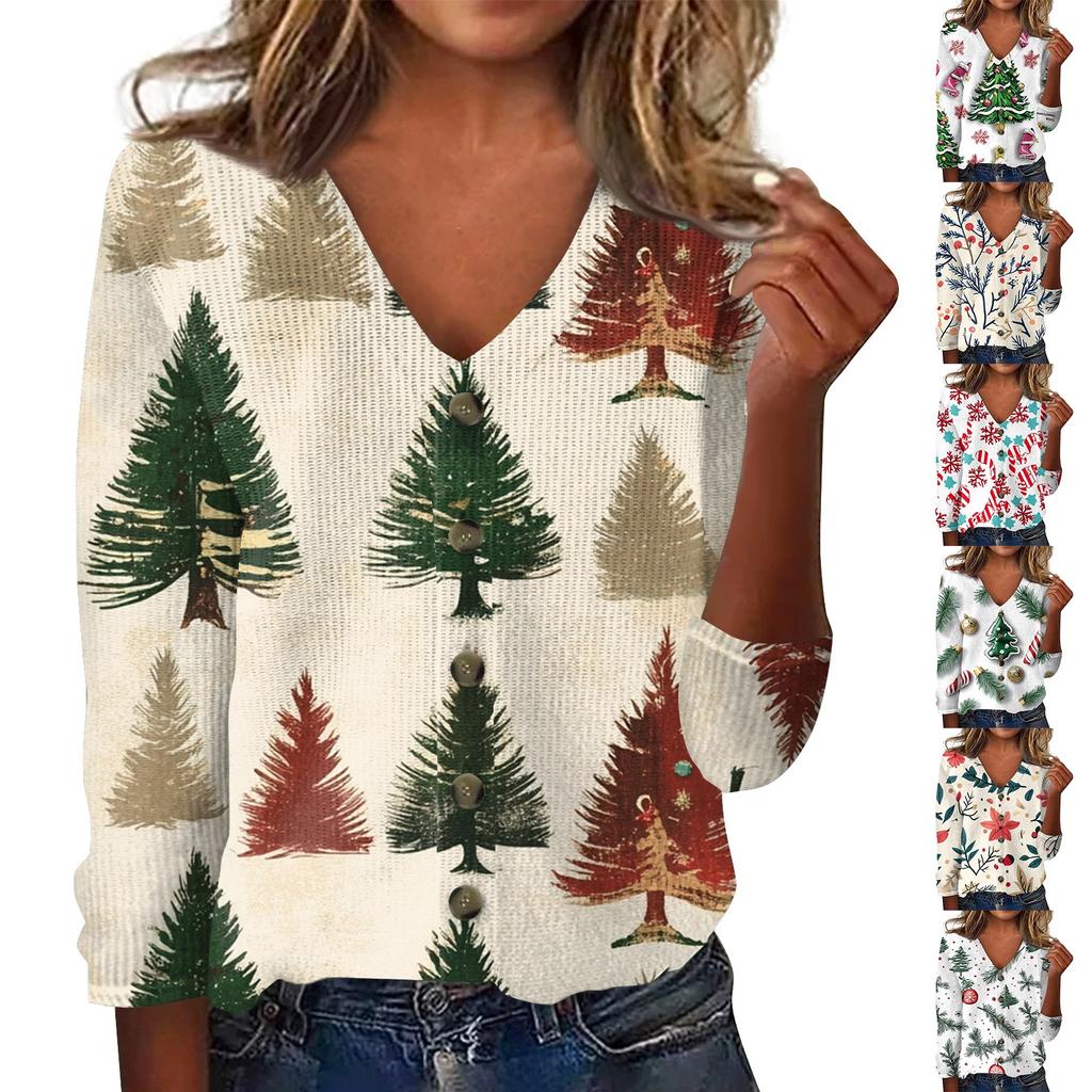 Women's Fashion Print Long Sleeve Knitted Cardigan Button Up Jacket
