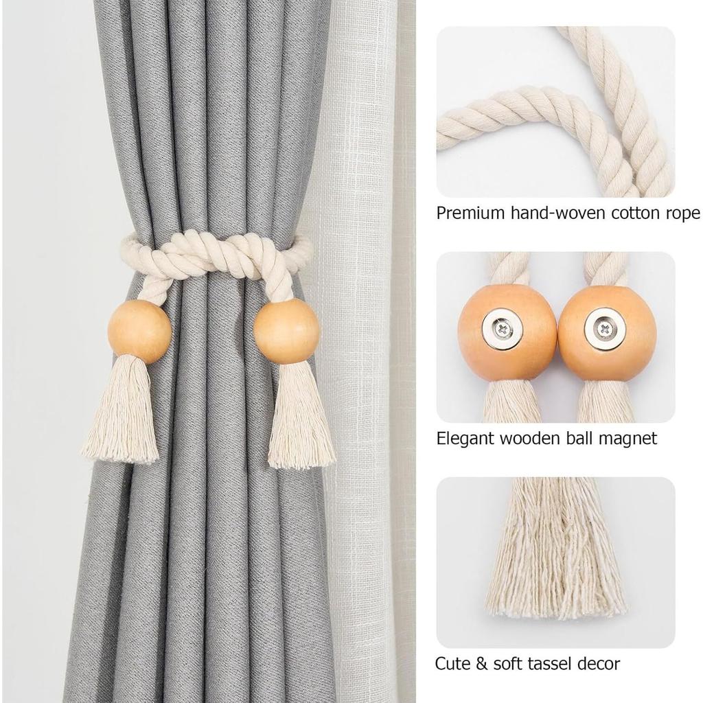 4 Pack Beige Magnetic Curtain Tiebacks Cotton Hand Woven Tieback Holdback Decorative Tie Backs for Drapes with Wooden Buckle