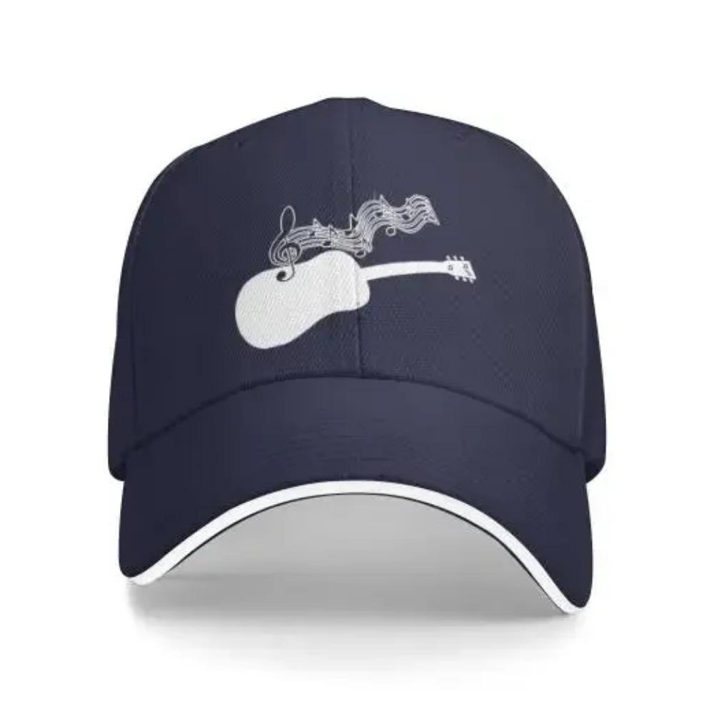 Mens Womens Adjustable Baseball Cap with Acoustic Guitar Musical Notes Pattern Denim Fabric Snapback Classic Hat