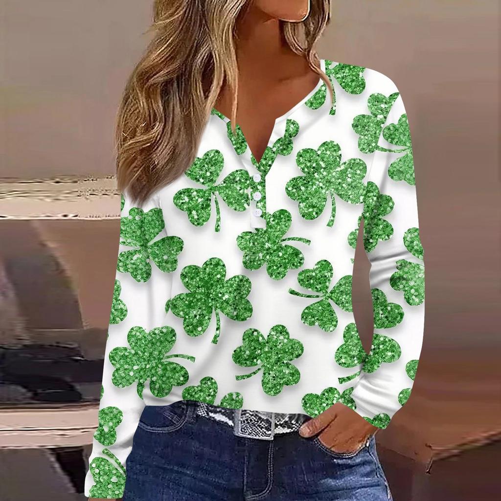 Women's Fashion Casual Printed V-neck Long Sleeve Button Up T-shirt Top