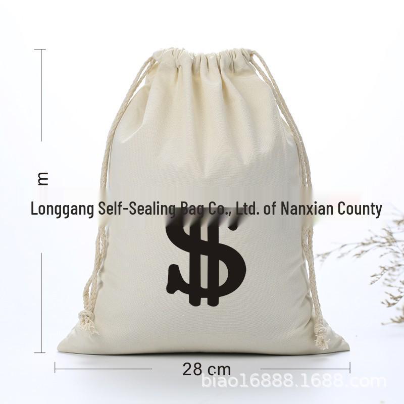 Drawstring Canvas Bag with Dollar Sign Print - Cotton & Linen Money Bag