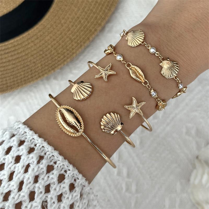 Bohemian Gold Color Shell Starfish Bracelet Set For Women Summer Beach Pearl Beaded Bangle Ocean Charm Jewelry Accessories