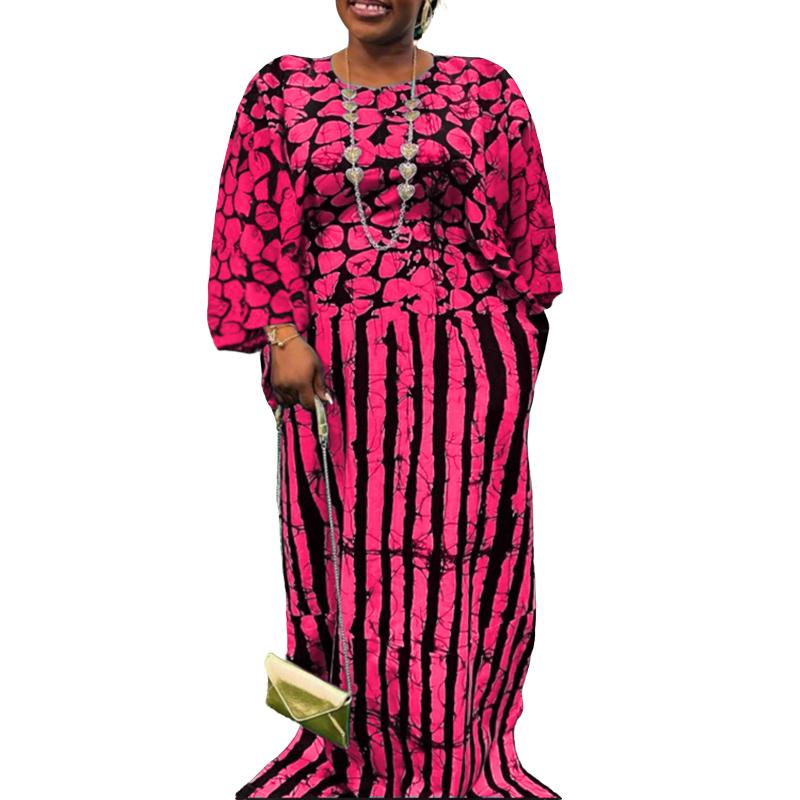 L-5XL Women Long Sleeve Striped Print Patchwork Casual Baggy Maxi Kaftan Dress