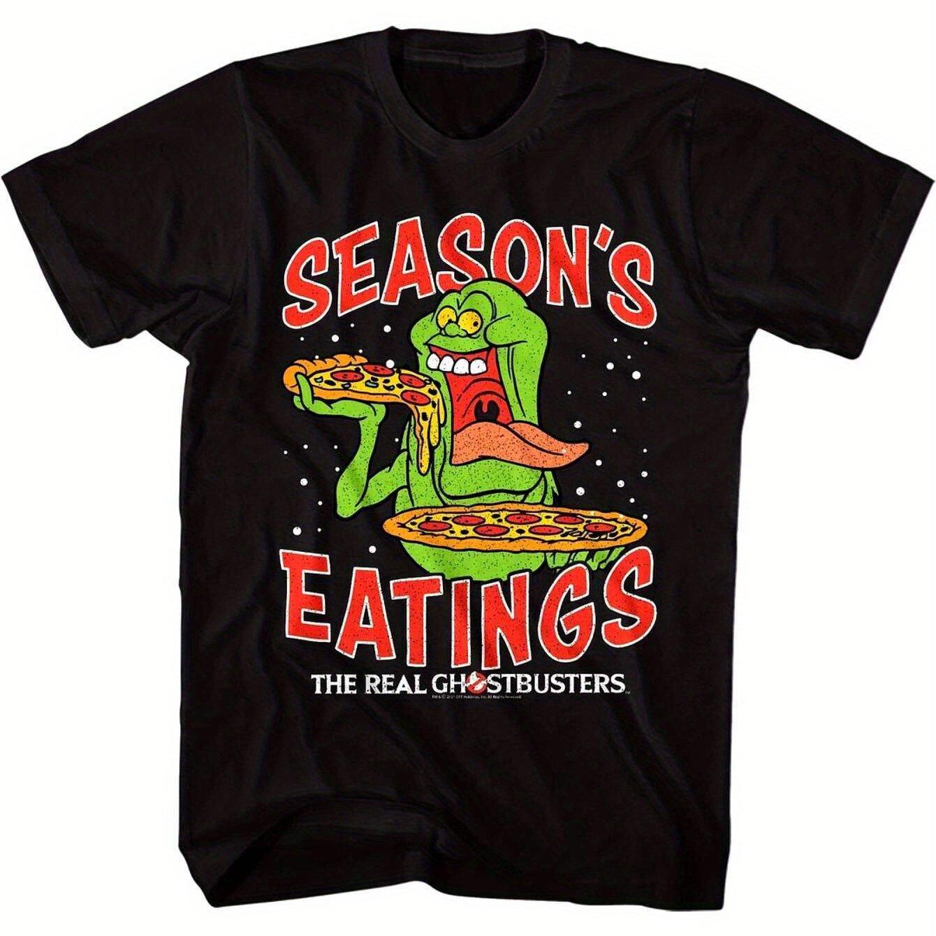 

Unisexs Ghostbusters Slime Pizza Pattern Tshirt Funny Holiday Food Ghostbusters Shirt Black Tshirt with Red Orange Letters S