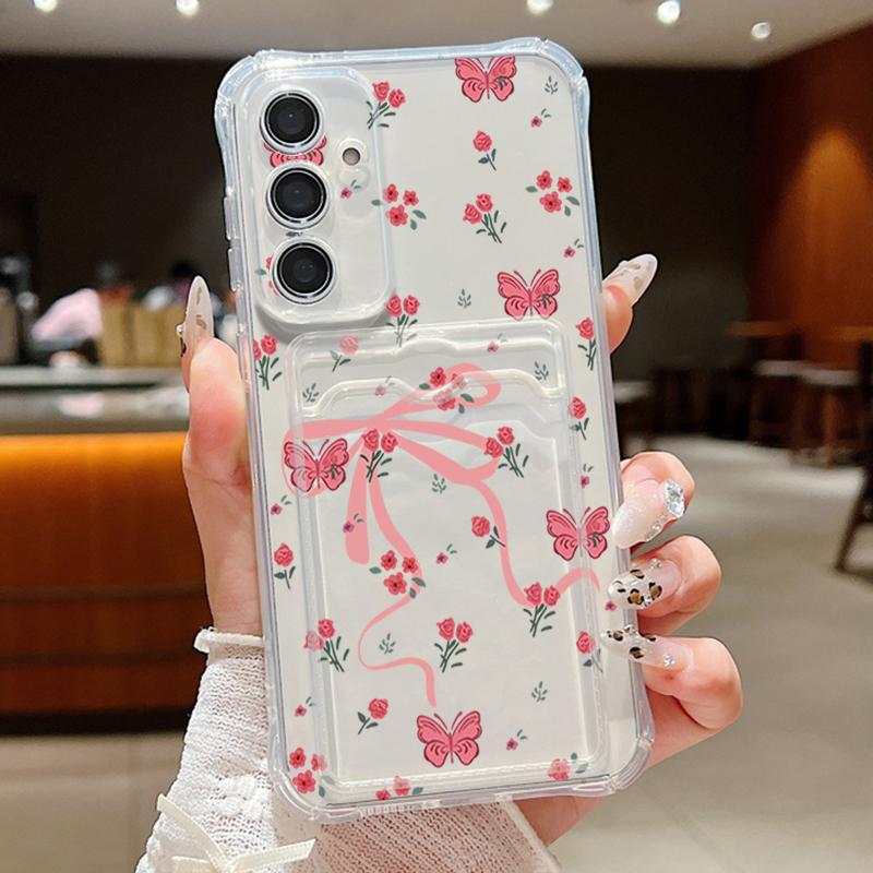 Card Bag Wallet Case For Samsung Galaxy S25 S24 S22 Ultra S23 S24 FE A56 A55 A35 A15 A16 Full Screen Pink Flower TPU Phone Cover