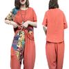 French Retro Chic Color Block Cotton-Linen Two-Piece Set: Short Sleeve T-shirt & Harem Cropped Pants