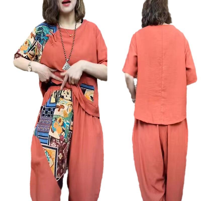 French Retro Chic Color Block Cotton-Linen Two-Piece Set: Short Sleeve T-shirt & Harem Cropped Pants