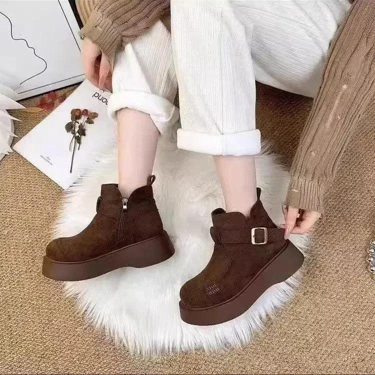 Kožešinové dámské platformové kotníkové boty semišové ploché módní boty žena 2025 trend zima návrhářské vycházkové teplé ležérní dámské sněhule