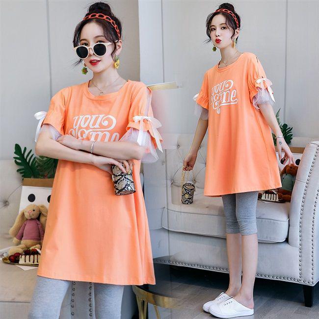 Korean-Style Maternity Summer T-Shirt and Mid-Length Dress Two-Piece Set