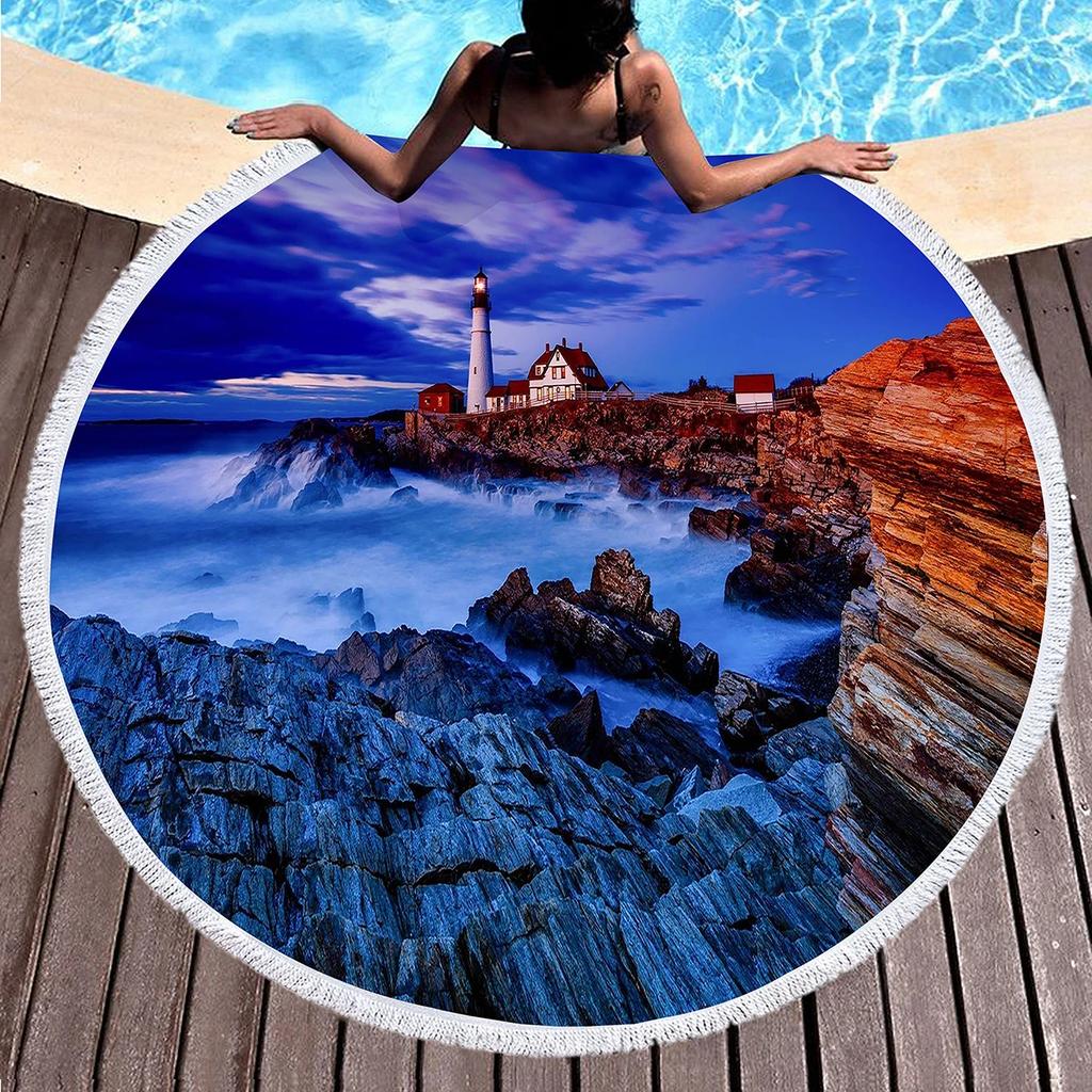 Lighthouse Round Beach Towel with Tassels Microfiber Quick Dry Beach Blanket Sand Free Absorbent Swim Pool Circle Towel Yoga Mat