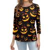 Women Casual 3/4 Sleeve Halloween Print Pullover Top Round Neck Lightweight Soft Fabric Comfortable Fit