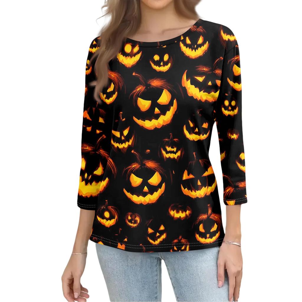 Women Casual 3/4 Sleeve Halloween Print Pullover Top Round Neck Lightweight Soft Fabric Comfortable Fit
