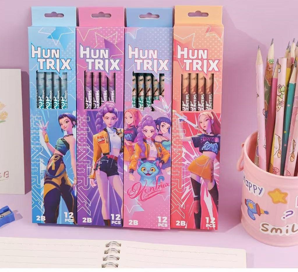 12Pcs Kid Kpop Demon Hunters Huntrix Pencils Wood Graphite Sketch Set Smooth Writing School Office Drawing Sketching 2B Friendly Entertaining Fun