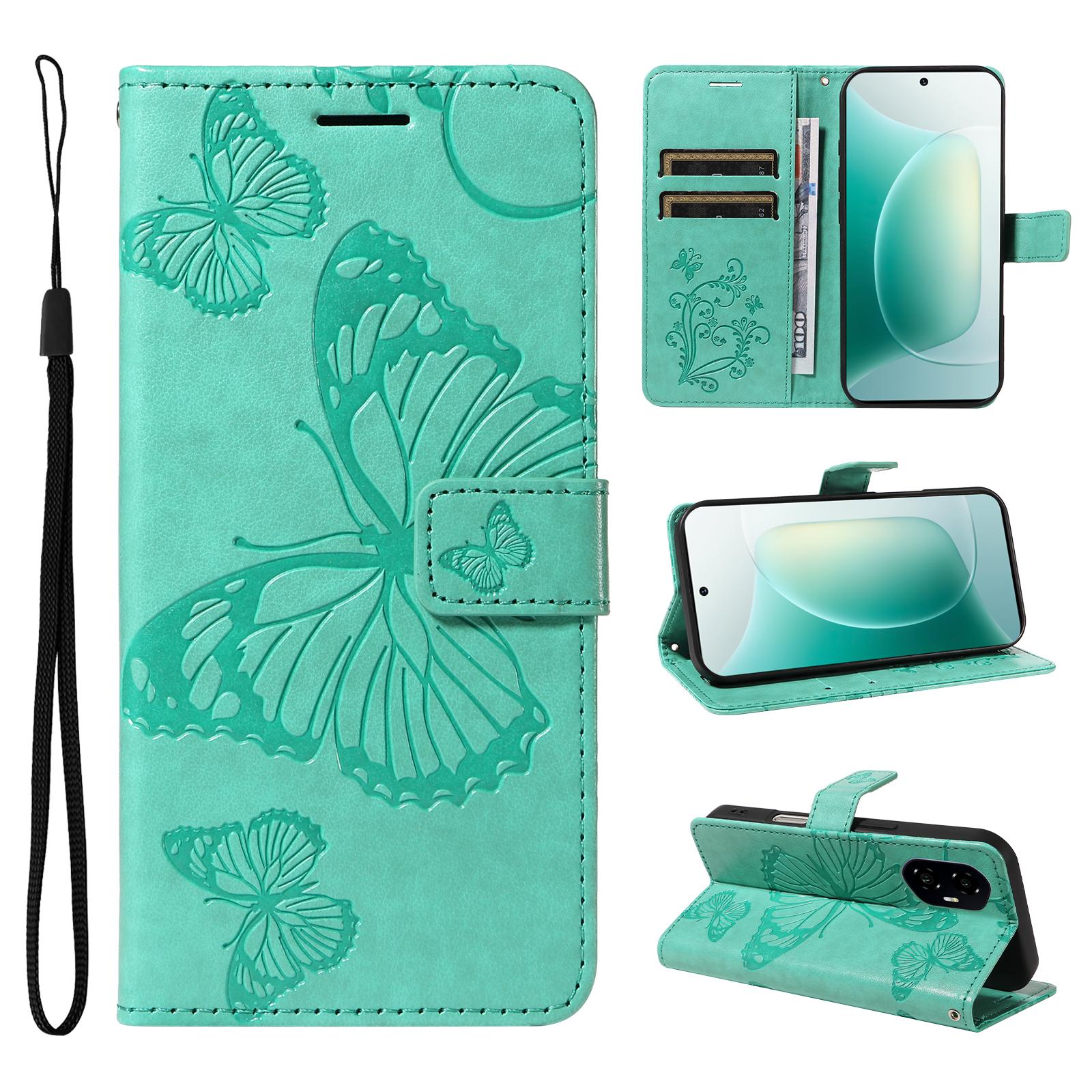 

For Honor 300 Wallet Case Floral Butterfly Imprinted Leather Phone Cover Stand Green
